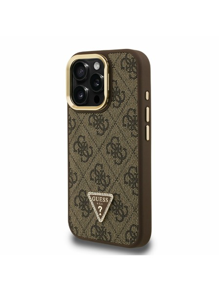 Guess Guess PU 4G Strass Trojuholníkové Logo Stojan Rám Fotoaparátu MagSafe Zadný Kryt pre iPhone 16 Pro Max Brown