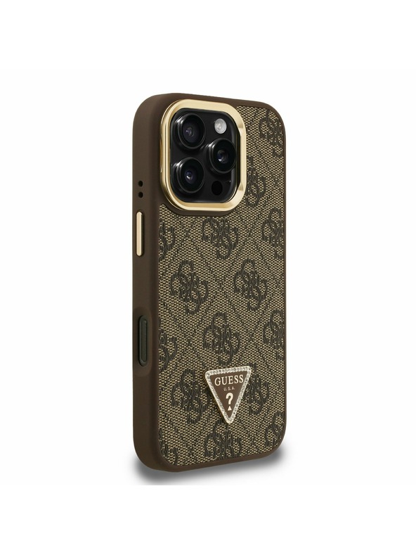 Guess Guess PU 4G Strass Trojuholníkové Logo Stojan Rám Fotoaparátu MagSafe Zadný Kryt pre iPhone 16 Pro Max Brown