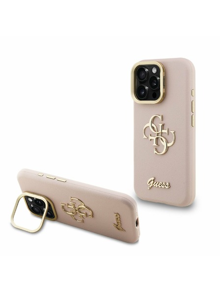 Guess Guess PU Zrnitý 4G Logo Stojan Rám Fotoaparátu Zadný Kryt pre iPhone 15 Pro Max Pink
