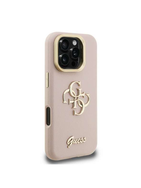 Guess Guess PU Zrnitý 4G Logo Stojan Rám Fotoaparátu Zadný Kryt pre iPhone 16 Pro Max Pink