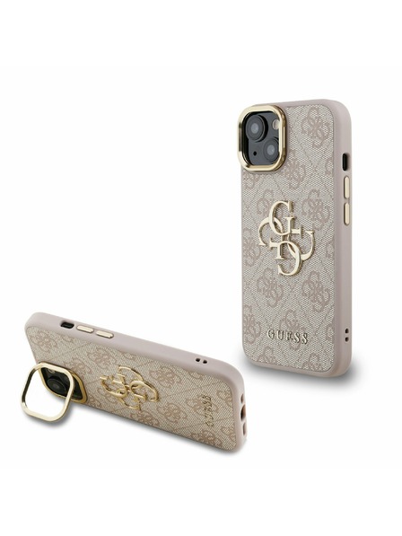 Guess Guess PU 4G Metal Logo Stojan Rám Fotoaparátu Zadný Kryt pre iPhone 13 Pink