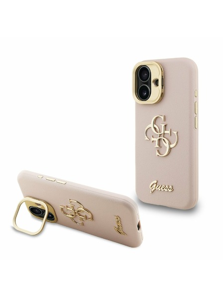 Guess Guess PU Zrnitý 4G Logo Stojan Rám Fotoaparátu Zadný Kryt pre iPhone 16 Pink