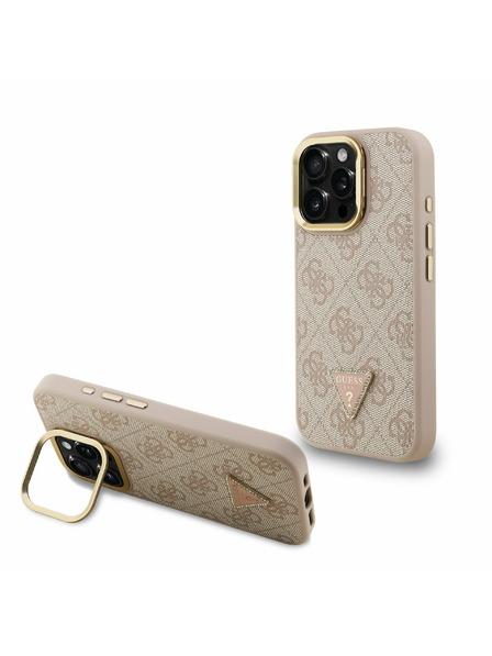Guess Guess PU 4G Strass Trojuholníkové Logo Stojan Rám Fotoaparátu MagSafe Zadný Kryt pre iPhone 15 Pro Max Pink
