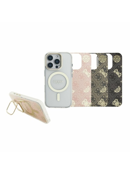 Guess Guess PC/TPU Pokovovaný Stojan Rám Fotoaparátu MagSafe Zadný Kryt s Vymeniteľným Pozadím pre iPhone 16 Pro