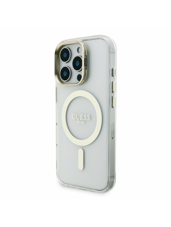 Guess Guess PC/TPU Pokovovaný Stojan Rám Fotoaparátu MagSafe Zadný Kryt s Vymeniteľným Pozadím pre iPhone 16 Pro