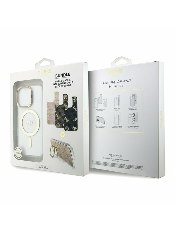 Guess Guess PC/TPU Pokovovaný Stojan Rám Fotoaparátu MagSafe Zadný Kryt s Vymeniteľným Pozadím pre iPhone 16 Pro