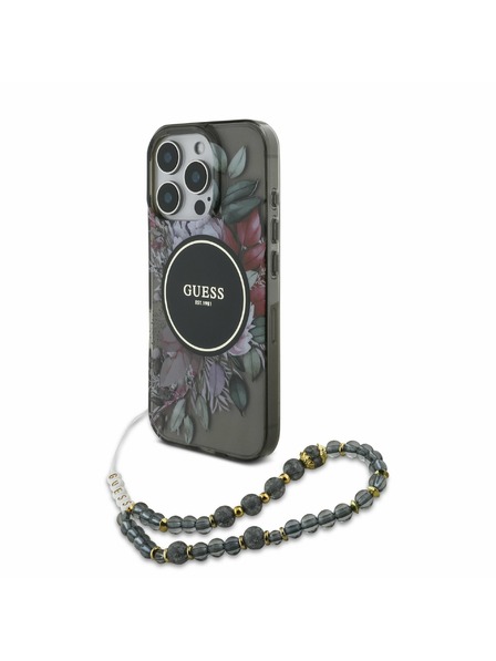 Guess Guess IML Flowers Pearl Strap MagSafe Zadný Kryt pre iPhone 16 Pro Max Black