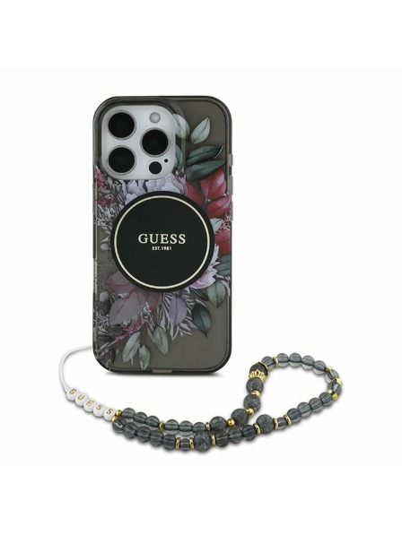 Guess Guess IML Flowers Pearl Strap MagSafe Zadný Kryt pre iPhone 16 Pro Max Black