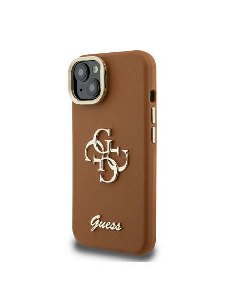 Guess Guess PU Grained 4G Logo Stand Fotoaparát Rám Zadný Kryt pre iPhone 13 Brown