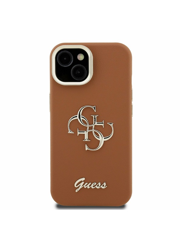 Guess Guess PU Grained 4G Logo Stand Fotoaparát Rám Zadný Kryt pre iPhone 13 Brown