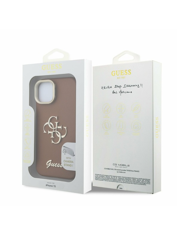 Guess Guess PU Grained 4G Logo Stand Fotoaparát Rám Zadný Kryt pre iPhone 13 Brown