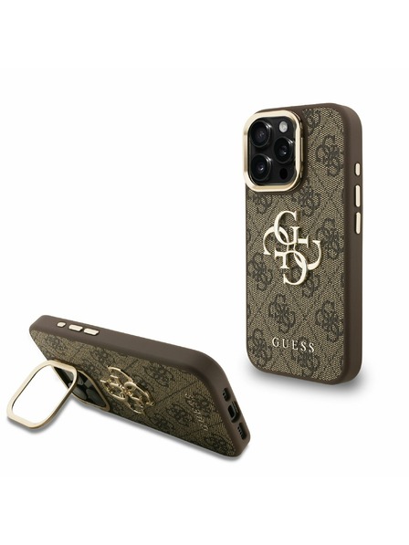Guess Guess PU 4G Kovové Logo Stand Fotoaparát Rám Zadný Kryt pre iPhone 15 Pro Brown