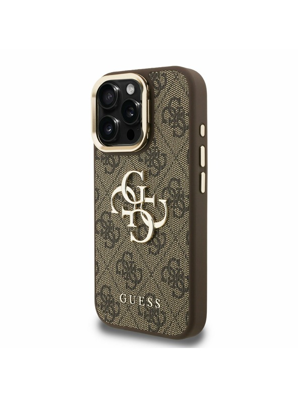 Guess Guess PU 4G Kovové Logo Stand Fotoaparát Rám Zadný Kryt pre iPhone 15 Pro Brown