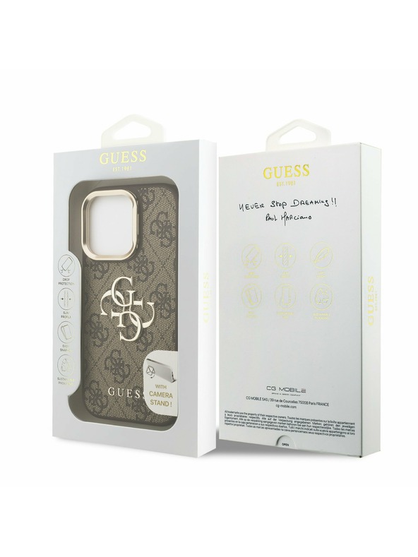Guess Guess PU 4G Kovové Logo Stand Fotoaparát Rám Zadný Kryt pre iPhone 15 Pro Brown