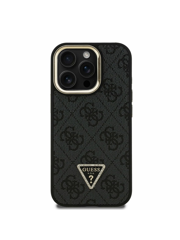 Guess Guess PU 4G Strass Trojuholníkové Logo Stand Fotoaparát Rám MagSafe Zadný Kryt pre iPhone 15 Pro Max Black