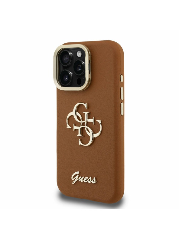 Guess Guess PU Grained 4G Logo Stand Fotoaparát Rám Zadný Kryt pre iPhone 16 Pro Brown