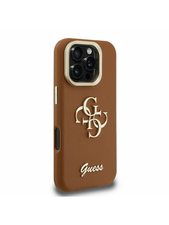 Guess Guess PU Grained 4G Logo Stand Fotoaparát Rám Zadný Kryt pre iPhone 16 Pro Brown