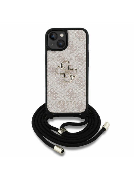 Guess Guess PU 4G Kovové Logo Crossbody Popruh Zadný Kryt pre iPhone 15 Pink