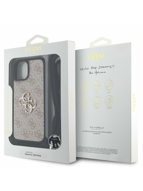 Guess Guess PU 4G Kovové Logo Crossbody Popruh Zadný Kryt pre iPhone 15 Pink