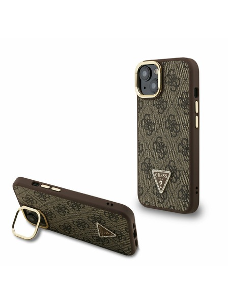 Guess Guess PU 4G Strass Trojuholníkové Logo Stand Fotoaparát Rám MagSafe Zadný Kryt pre iPhone 13 Brown