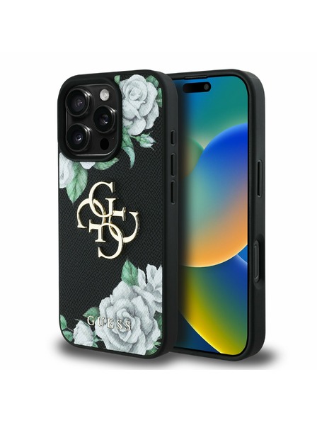 Guess Guess PU Grained Ruže 4G Kovové Logo Zadný Kryt pre iPhone 16 Pro Black