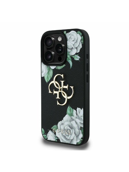 Guess Guess PU Grained Ruže 4G Kovové Logo Zadný Kryt pre iPhone 16 Pro Black