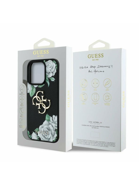 Guess Guess PU Grained Ruže 4G Kovové Logo Zadný Kryt pre iPhone 16 Pro Black