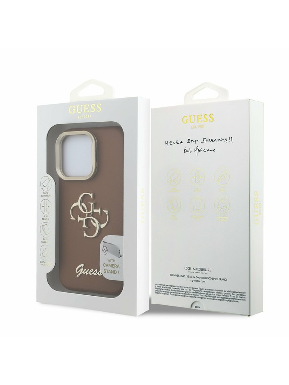 Guess Guess PU Grained 4G Logo Stand Camera Frame Zadný Kryt pre iPhone 15 Pro Brown