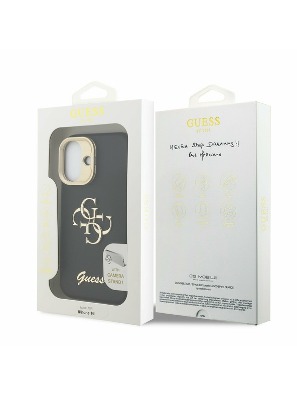 Guess Guess PU Grained 4G Logo Stand Camera Frame Zadný Kryt pre iPhone 16 Black