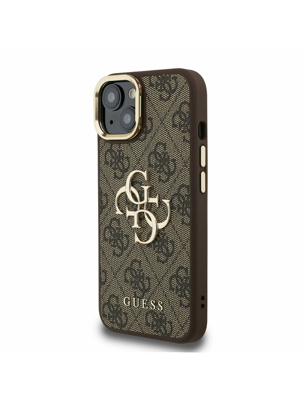 Guess Guess PU 4G Metal Logo Stand Camera Frame Zadný Kryt pre iPhone 13 Brown