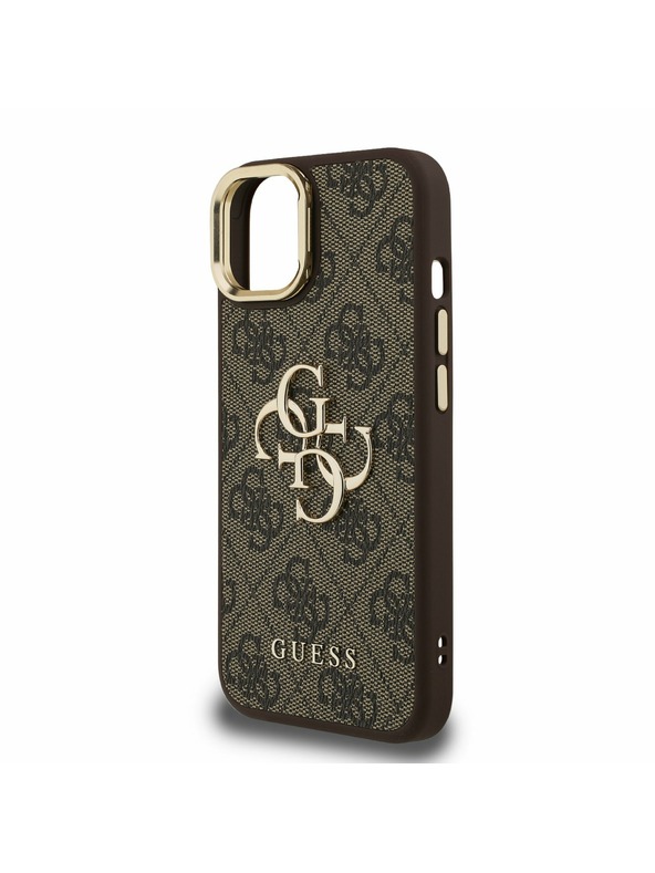 Guess Guess PU 4G Metal Logo Stand Camera Frame Zadný Kryt pre iPhone 13 Brown