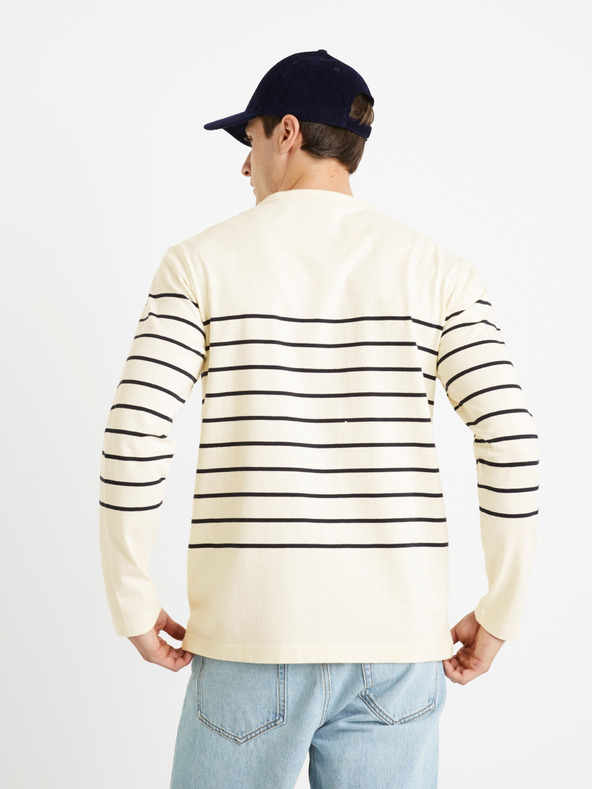 Celio Krémové pánske pruhované tričko Celio Veboxmlr
