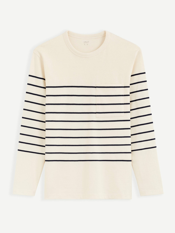 Celio Krémové pánske pruhované tričko Celio Veboxmlr