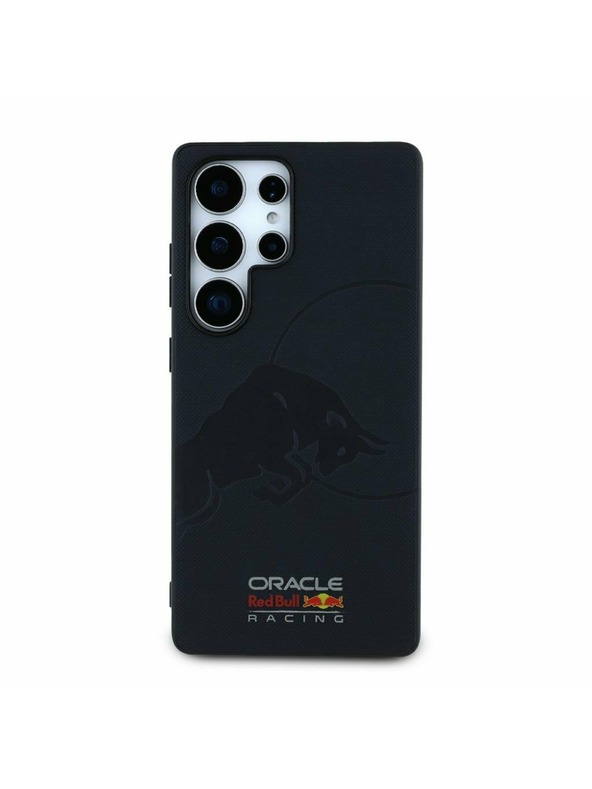 Oracle Red Bull Racing Red Bull Kožený Sieťovaný Razený Logo MagSafe Zadný Kryt pre Samsung Galaxy S25 Ultra Navy