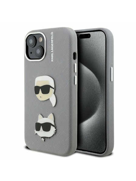 Karl Lagerfeld Karl Lagerfeld Grained PU K&CH Heads Zadný Kryt pre iPhone 15 Grey