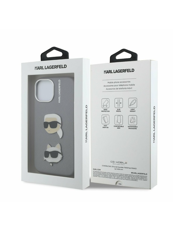 Karl Lagerfeld Karl Lagerfeld Grained PU K&CH Heads Zadný Kryt pre iPhone 15 Grey