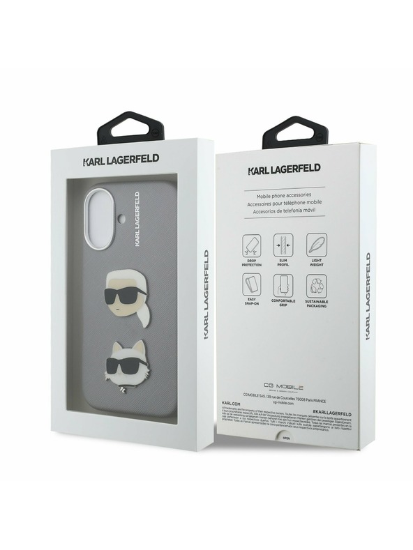 Karl Lagerfeld Karl Lagerfeld Grained PU K&CH Heads Zadný Kryt pre iPhone 16 Grey