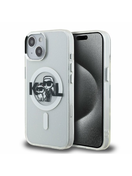 Karl Lagerfeld Karl Lagerfeld IML Trblietavý Karl a Choupette Náčrt MagSafe Zadný kryt pre iPhone 15 Priehľadný