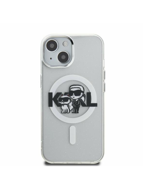 Karl Lagerfeld Karl Lagerfeld IML Trblietavý Karl a Choupette Náčrt MagSafe Zadný kryt pre iPhone 15 Priehľadný