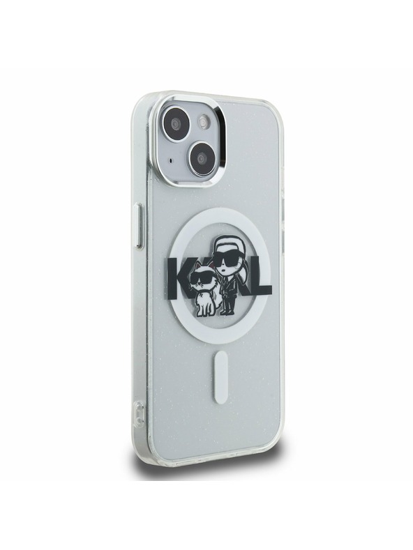 Karl Lagerfeld Karl Lagerfeld IML Trblietavý Karl a Choupette Náčrt MagSafe Zadný kryt pre iPhone 15 Priehľadný