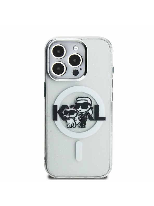 Karl Lagerfeld Karl Lagerfeld IML Trblietavý Karl a Choupette Náčrt MagSafe Zadný kryt pre iPhone 15 Pro Priehľadný