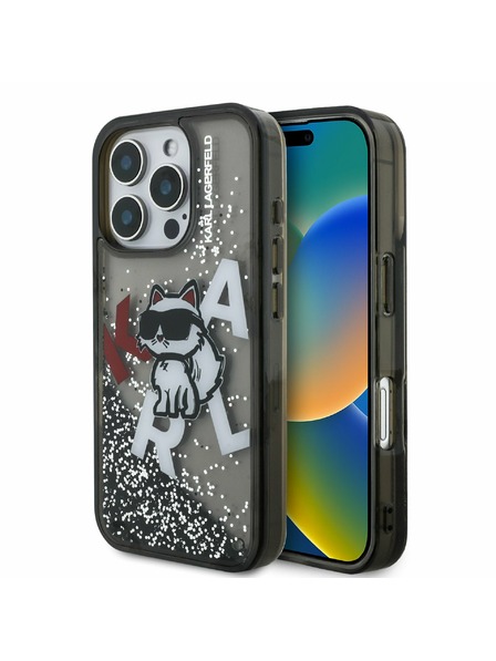 Karl Lagerfeld Karl Lagerfeld Kvapalný Trblietavý Roztrúsený Choupette Zadný kryt pre iPhone 16 Pro Max Čierny