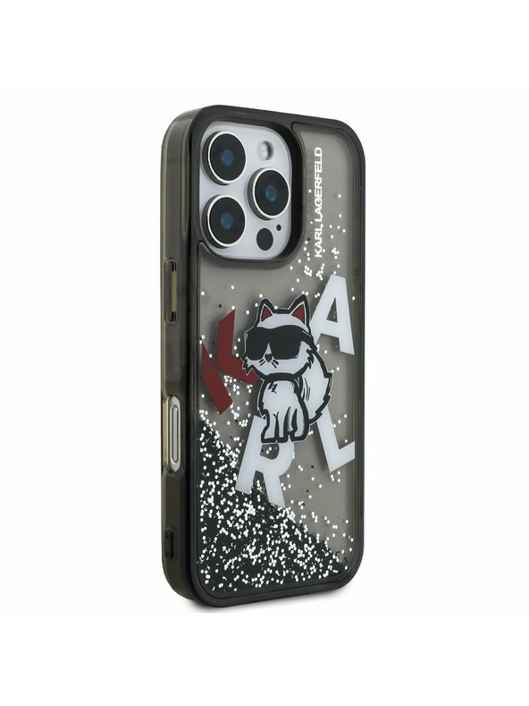 Karl Lagerfeld Karl Lagerfeld Kvapalný Trblietavý Roztrúsený Choupette Zadný kryt pre iPhone 16 Pro Max Čierny