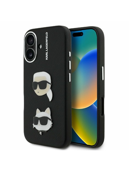 Karl Lagerfeld Karl Lagerfeld Zrnitý PU K&CH Hlavy Zadný kryt pre iPhone 16 Čierny