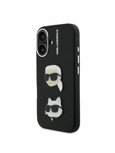 Karl Lagerfeld Karl Lagerfeld Zrnitý PU K&CH Hlavy Zadný kryt pre iPhone 16 Čierny