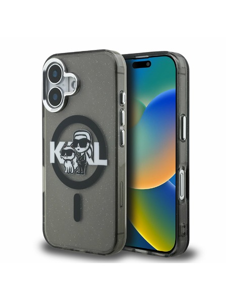 Karl Lagerfeld Karl Lagerfeld IML Trblietavý Karl a Choupette Náčrt MagSafe Zadný kryt pre iPhone 16 Čierny