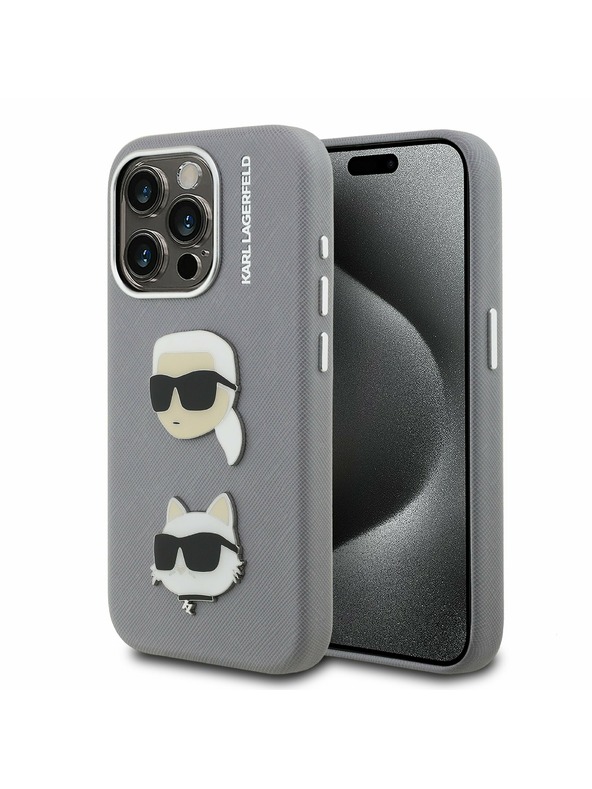 Karl Lagerfeld Karl Lagerfeld Grained PU K&CH Heads Zadný Kryt pre iPhone 15 Pro Grey