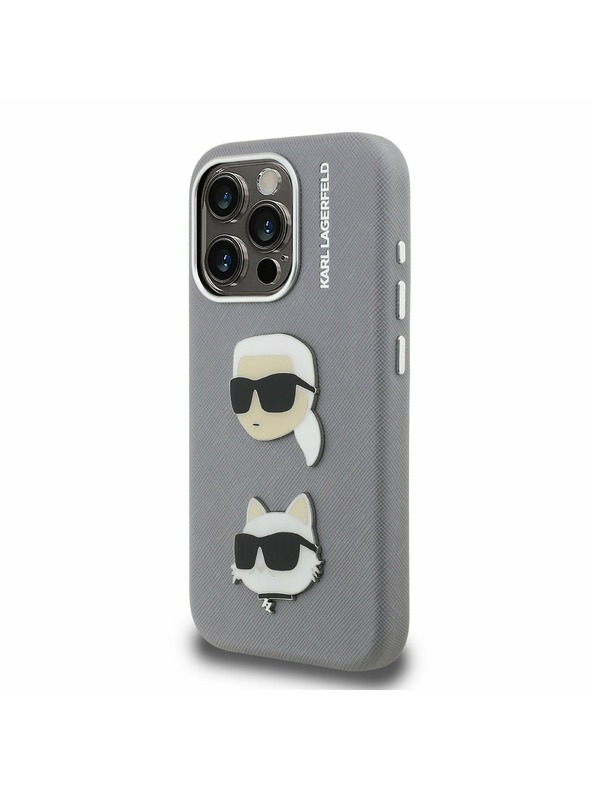 Karl Lagerfeld Karl Lagerfeld Grained PU K&CH Heads Zadný Kryt pre iPhone 15 Pro Grey