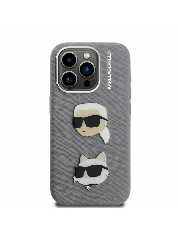 Karl Lagerfeld Karl Lagerfeld Grained PU K&CH Heads Zadný Kryt pre iPhone 15 Pro Grey