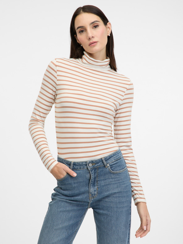 Orsay Béžové dámske pruhované tričko s dlhým rukávom ORSAY
